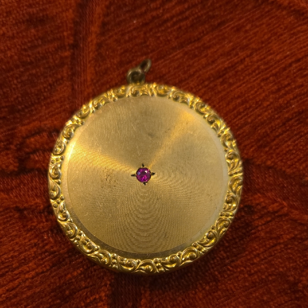 Gold-plated Antique Locket With Ruby Stone Center